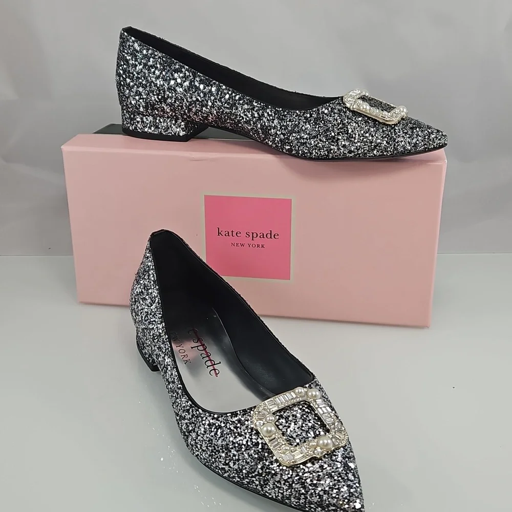 Kate Spade Silver Buckle Up Glitter Flats Size 38.5 - Picture 5 of 15